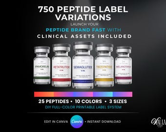 Peptide Vials Label Template Canva Editable 25 Labels 10 Gradient Colors 3 Sizes DIY Supplement Branding Kit Retatrutide Nad+ Peptide Label