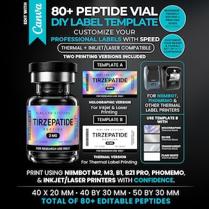 Puede incluir: Una plantilla digital para más de 80 etiquetas de viales de péptidos, con un vial de vidrio y una etiqueta holográfica de Tirzepatida. Incluye instrucciones para impresoras térmicas, de inyección de tinta y láser, con opciones para varios tamaños.