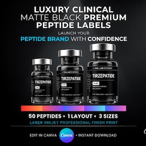 Könnte beinhalten: Drei klare Glasfläschchen mit silbernen Kappen und mattschwarzen Etiketten mit dem Text TIRZEPATIDE, 2 MG, 5 MG und 10 MG. Die Etiketten enthalten VIAL LAB SYSTEMS, RESEARCH PEPTIDE, 99% PURITY und FOR RESEARCH USE ONLY. Der Text umfasst LUXURY CLINICAL MATTE BLACK PREMIUM PEPTIDE LABELS, LAUNCH YOUR PEPTIDE BRAND WITH CONFIDENCE, 50 PEPTIDES, 1 LAYOUT, 3 SIZES, LASER INKJET PROFESSIONAL FINISH PRINT, EDIT IN CANVA und INSTANT DOWNLOAD.
