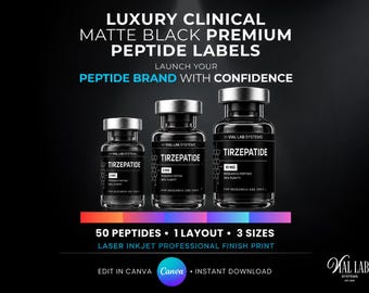 DIY Pharma Peptides Black Luxury Clinical Premium Peptide Vials Label Template Matte Vials Labels Canva Editable 3ml 5ml 10ml Print Branding