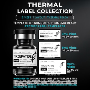 Puede incluir: Un vial de vidrio transparente con tapa negra y etiqueta blanca que dice Tirzepatide 10 mg, junto a tres plantillas de etiquetas para viales de 3 ml, 5 ml y 10 ml. El texto incluye Thermal Label Collection y la marca Vial Lab Systems.