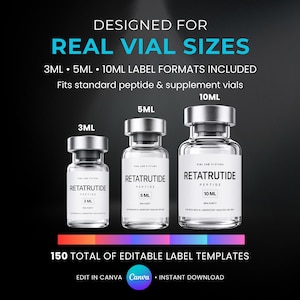 Niimbot Clinical Peptide Vials Label Template Canva Editable Premium Sticker Kits Professional Pharma Supplement Branding 50 Labels 3 Sizes