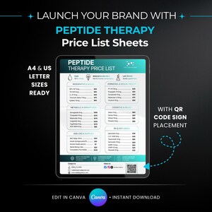Puede incluir: Una tableta digital muestra una "Lista de precios de terapia de péptidos" con secciones para Regeneración y Recuperación, Metabolismo y Pérdida de Peso, etc. El texto "Lanza tu marca con terapia de péptidos" está en la parte superior. Fondo negro.