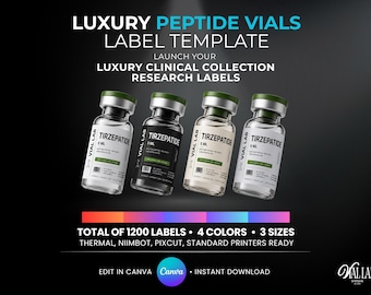 Luxury Peptide Vials Label Template Bundle Canva Editable Luxury Clinical Collections Research 4 Layouts 3 Sizes Premium Printable Stickers