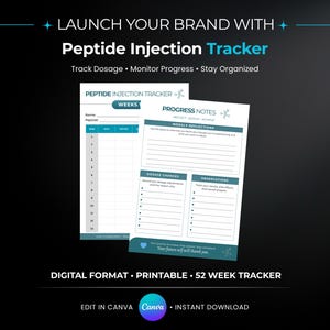 Może przedstawiać: Cyfrowy, drukowany tracker wstrzykiwania peptydów z turkusowo-białym wzorem. Tracker zawiera sekcje dotyczące dawkowania, postępów i cotygodniowych refleksji. Tekst brzmi "Launch Your Brand With Peptide Injection Tracker".