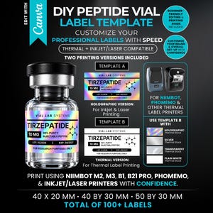 DIY Molecular Peptide Vials Label Templates Canva Editable Holographic Niimbot M2 Clinical Labels 3 Sizes Inkjet Laser Research Branding Kit