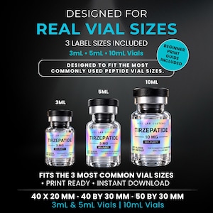 May include: Three clear glass vials with black caps and holographic labels labeled Tirzepatide in 3mL, 5mL, and 10mL sizes. Text includes Designed for Real Vial Sizes, 3 Label Sizes Included, and dimensions 40 x 20 mm, 40 by 30 mm, 50 by 30 mm.