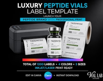 DIY Luxury Peptide Vials Label Template Professional Inkjet Laser Print Canva Editable Clinical Collection Research 4 Layout3 Sizes Premium