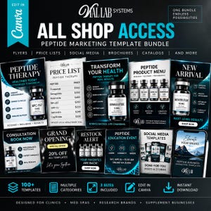 May include: A digital marketing template bundle for peptide businesses featuring various layouts including price lists, social media posts, and brochures. The design uses a black and blue color scheme with text promoting peptide therapy services.