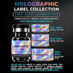 May include: A holographic label collection for vials featuring the text Semaglutide 3 mg. The design includes three label sizes for 3mL, 5mL, and 10mL vials with dimensions of 40 by 20 mm, 40 by 30 mm, and 50 by 30 mm. The labels are inkjet and laser ready.