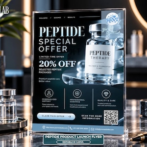Puede incluir: Un folleto rectangular vertical en un soporte de acrílico transparente con el texto PEPTIDE SPECIAL OFFER 20% OFF. El diseño incluye un gráfico de un vial de vidrio etiquetado como PEPTIDE THERAPY, iconos y un código QR.