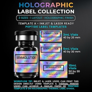 May include: A holographic label collection featuring a glass vial with a black cap and a label reading SEMAGLUTIDE 3 MG. The graphic displays three label sizes: 40 by 20 mm for 3mL vials, 40 by 30 mm for 5mL vials, and 50 by 30 mm for 10mL vials.