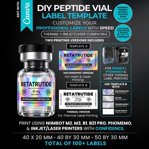 以下が含まれることがあります： Retatrutide 10mgのテキスト、NiimbotおよびPhomemoプリンター用のホログラフィックおよび感熱印刷オプションを備えたDIYペプチドバイルラベルテンプレート。40x20mm、40x30mm、50x30mmのラベルサイズで、合計100枚以上のラベルが含まれています。