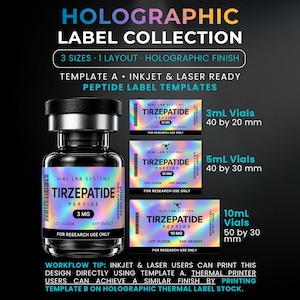 以下が含まれることがあります： Tirzepatide Peptideと書かれたバイアル用ホログラフィックラベルコレクション。3ml用40x20mm、5ml用40x30mm、10ml用50x30mmの3サイズが含まれています。インクジェットおよびレーザープリンター対応のラベルテンプレートです。