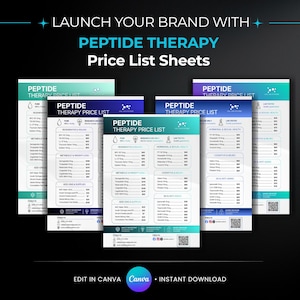 Puede incluir: Imagen promocional que presenta varias hojas de lista de precios para la terapia de péptidos. Las hojas tienen un diseño limpio con un fondo blanco, detalles en verde azulado y azul, y el texto "PEPTIDE THERAPY PRICE LIST". La imagen también incluye el texto "LAUNCH YOUR BRAND WITH PEPTIDE THERAPY".