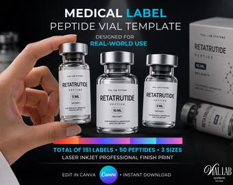 DIY Peptide Vials Label Templates Canva Editable Inkjet Laser Print 50 Labels 4 Sizes Easy Peptide Medical Branding Clinical Sticker Design