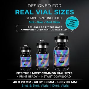 Puede incluir: Tres viales de vidrio con etiquetas holográficas marcadas como Tirzepatide Peptide en tamaños de 3mL, 5mL y 10mL. El texto incluye Designed for Real Vial Sizes, 3 Label Sizes Included y las dimensiones 40 x 20 mm, 40 x 30 mm y 50 x 30 mm.