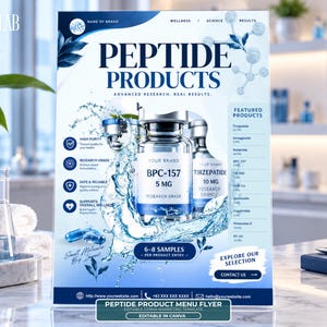 Op de afbeelding: Een marketingflyer voor peptideproducten met een centrale glazen flacon met het label BPC-157 5 MG, omringd door waterspatten, blauwe bladeren en wetenschappelijke iconen. De tekst bevat Peptide Products, Advanced Research, Real Results.