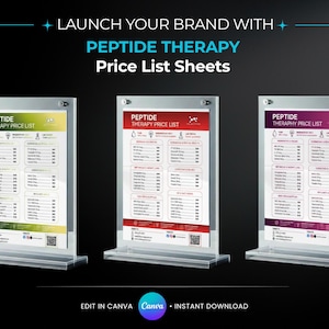 Puede incluir: Tres exhibidores acrílicos de listas de precios para Terapia de Péptidos. Cada exhibidor presenta un esquema de color diferente: verde y amarillo, rojo y morado. El texto dice "PEPTIDE THERAPY PRICE LIST" e incluye un código QR. El texto superior dice "LAUNCH YOUR BRAND WITH PEPTIDE THERAPY Price List Sheets."