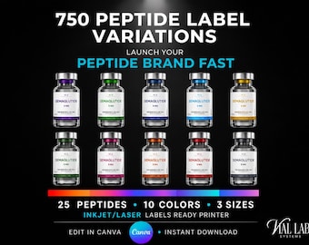 DIY Peptide Editable Vials Label Canva Template 25 Labels 10 Gradient Colors 3 Sizes Supplement Branding Kit Inkjet Laser Vial Peptide Label