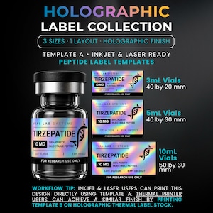 Może przedstawiać: Kolekcja holograficznych etykiet na fiolki z peptydami z napisem Tirzepatide 10 mg. Zawiera trzy rozmiary: 40 na 20 mm dla fiolek 3 ml, 40 na 30 mm dla 5 ml oraz 50 na 30 mm dla 10 ml. Przystosowane do drukarek atramentowych i laserowych.