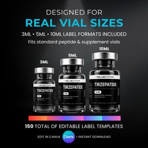 Pharma Peptides Black Luxury Clinical Premium Peptide Vials Label Template Matte Vials Labels Canva Editable 3ml 5ml 10ml Print Branding Kit