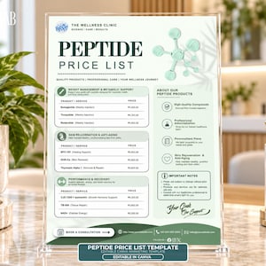 May include: A vertical acrylic sign holder displaying a Peptide Price List for The Wellness Clinic. The document features sections for weight management, skin rejuvenation, and performance, with a molecular graphic and contact details.