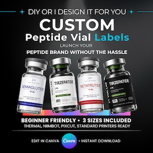Op de afbeelding: Aangepaste peptide vial labels met de tekst "DIY OR I DESIGN IT FOR YOU". De afbeelding toont vier vials met de labels "Semaglutide", "Tirzepatide", "Retatrutide" en "Tirzepatide". De tekst "BEGINNER FRIENDLY" en "3 SIZES INCLUDED" zijn ook zichtbaar.