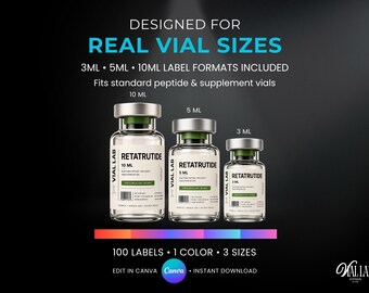 Inkjet Laser Apothecary Peptide Vials Label Template Beige Vintage Style Editable Canva 300 Labels 3 Sizes Research Bottle Labels Vial Print