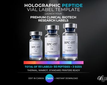 Holographic Peptide Vials Label Template Canva Editable Modern Premium Clinical Biotech Branding Kit Vials Sticker Design Inkjet Laser Print