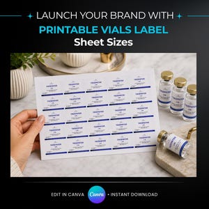 May include: A sheet of printable vials labels with the text "Tirzepatide" and "2.5mg". The image also shows several vials with gold caps. The text "LAUNCH YOUR BRAND WITH PRINTABLE VIALS LABEL Sheet Sizes" is at the top.