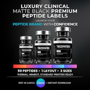 May include: Three clear glass vials with silver caps and matte black labels reading TIRZEPATIDE in 2ml, 5ml, and 10ml sizes. Text includes LUXURY CLINICAL MATTE BLACK PREMIUM PEPTIDE LABELS, LAUNCH YOUR PEPTIDE BRAND WITH CONFIDENCE, 50 PEPTIDES, 1 LAYOUT, 3 SIZES.
