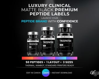 Niimbot Black Luxury Clinical Premium Peptide Vials Label Template Matte Vials Labels Canva Editable Size Print Pharma Peptides Branding Kit
