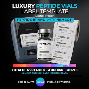 May include: An image showcasing a label template for peptide vials. It features a label printer, a vial, and a roll of labels. The labels are printed with "Tirzepatide" and "10 ML". The image also highlights the availability of 1200 labels in 4 colours and 3 sizes.