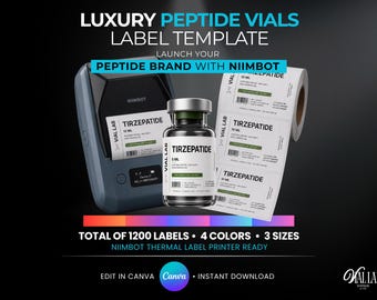 Luxury Peptide Vials Label Template Bundle Canva Editable Luxury Clinical Collections Research 4 Layouts 3 Sizes Premium Niimbot Printables