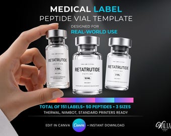 Thermal Medical Label Templates Canva Editable 50 Vial Labels 4 Sizes Easy Peptide Vials Branding Kit ReadytoUse DIY Clinical Sticker Design