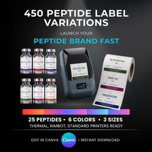 May include: An image showcasing a label printer and vials with labels. The text reads "450 Peptide Label Variations" and "Launch Your Peptide Brand Fast." The image also displays a roll of printed labels with various peptide names and colors.