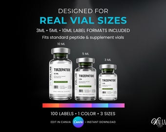 Clean Medical White Clinical Peptide Vials Label Templates Labels Editable Canva 300 Labels 3 Sizes Research Labels GHK-CU Tirzepatide Vials