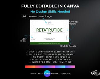 DIY Peptide Vials Label Template Green Clinical Canva Editable 25 Labels 3 Sizes Supplement Branding Kit Peptide Vial Inkjet Laser Printable