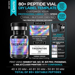 May include: A digital template for 80+ peptide vial labels, featuring a glass vial with a holographic label reading TIRZEPATIDE. Includes two printing versions for thermal, inkjet, and laser printers, with dimensions of 40x20mm, 40x30mm, and 50x30mm.