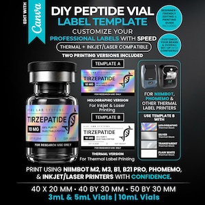 Peut inclure: Un modèle d'étiquette pour flacon de peptide DIY pour Canva avec un flacon en verre et une étiquette holographique indiquant Tirzepatide 10mg. Inclut deux versions d'impression pour imprimantes thermiques, jet d'encre ou laser.