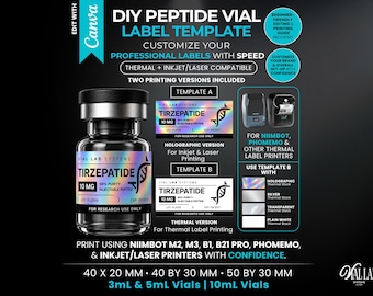 Puede incluir: Una plantilla de etiqueta para vial de péptidos DIY para Canva con un vial de vidrio y una etiqueta holográfica que dice Tirzepatide 10mg. Incluye dos versiones de impresión para impresoras térmicas, de inyección de tinta o láser.