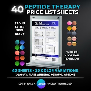Puede incluir: Un expositor acrílico transparente que contiene una hoja de "Lista de precios de terapia de péptidos". La imagen incluye texto que dice "40 hojas de lista de precios de terapia de péptidos" y "Editar en Canva".
