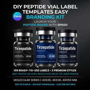 Może przedstawiać: Trzy szklane fiolki z czarnymi nakrętkami i etykietami z napisem Tirzepatide Peptide Solution 30 MG for research use only. Tekst zawiera DIY Peptide Vial Label Templates Easy Branding Kit, 100 etykiet oraz wymiary 40x20, 40x30, 40x50 mm.