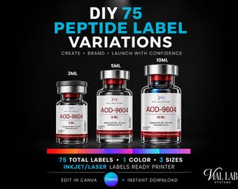 DIY Peptide Vials Label Editable Template Canva Editable DIY Supplement Branding Kit Inkjet Laser Printable 25 Peptide Names 1 Color 3 Sizes