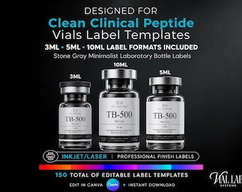 DIY Peptide Clean Clinical Vials Label Templates Inkjet Laser Printable Stone Gray Minimalist Laboratory Labels Professional Pharma Branding
