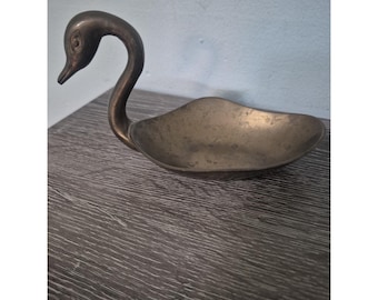 Vintage Brass Swan Trinket Dish Desktop Shelf Decor 4 Inch