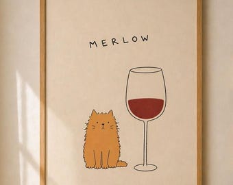 Framed Cat Merlow Print | Funny Minimal Animal Wall Art | Neutral Nursery Decor | Cute Cat Artwork | Ready to Hang