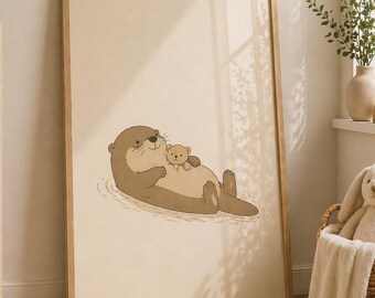 Otter and Baby Otter Snuggling Poster, Nursery Wall Art (Wooden Frame)