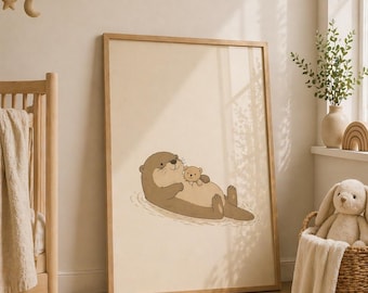 Póster de nutria y cría de nutria acurrucándose con marco de madera / Lindo cuadro para la habitación infantil